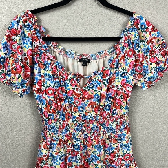 J Crew Smocked Waist Dress with Farmers Market Print Floral Ladybug Sz 0 - Picture 4 of 15